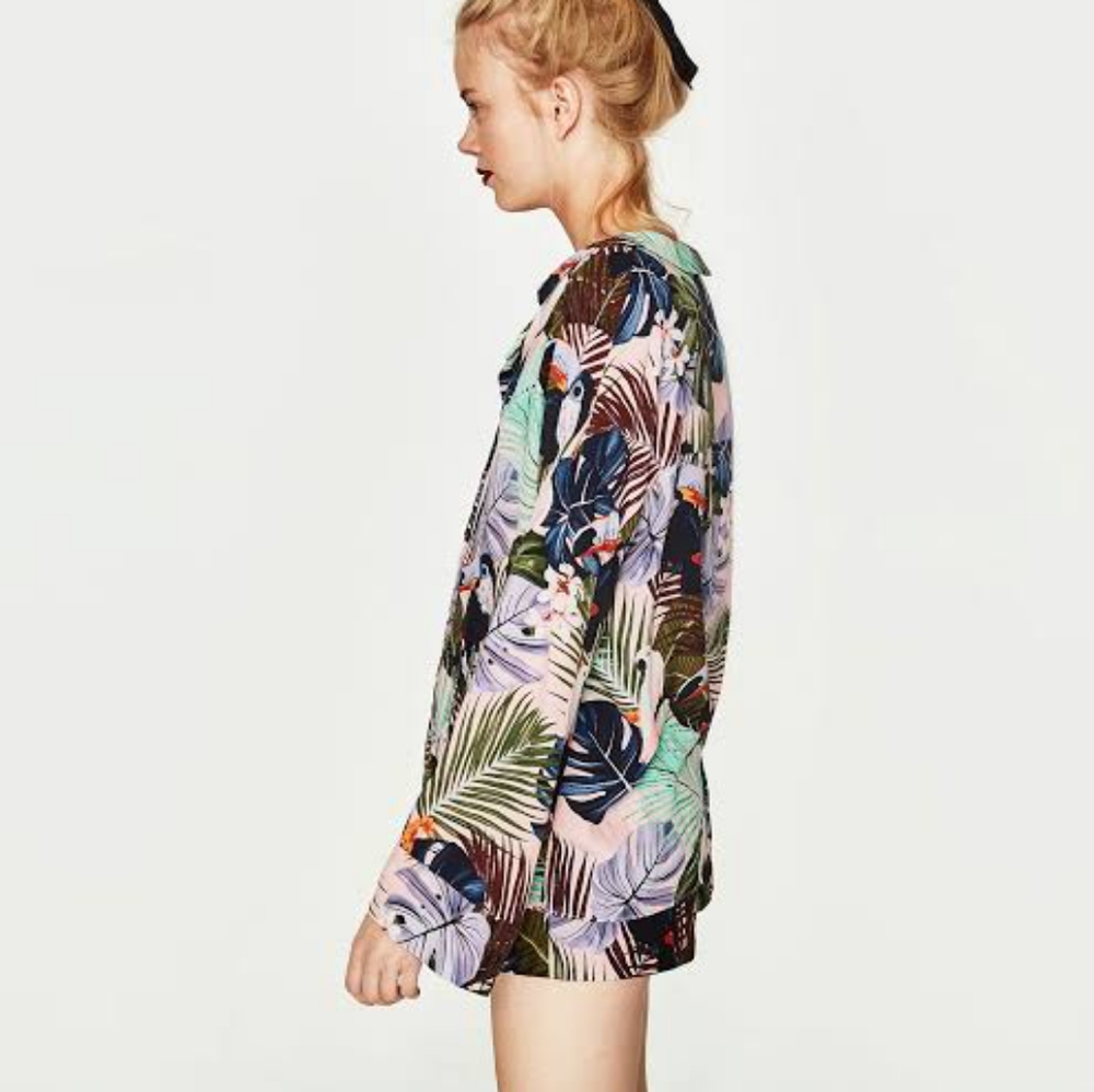 ZARA Tropical Birds Toucan Cockatoo Collared Shirt Blouse - Picture 4 of 16